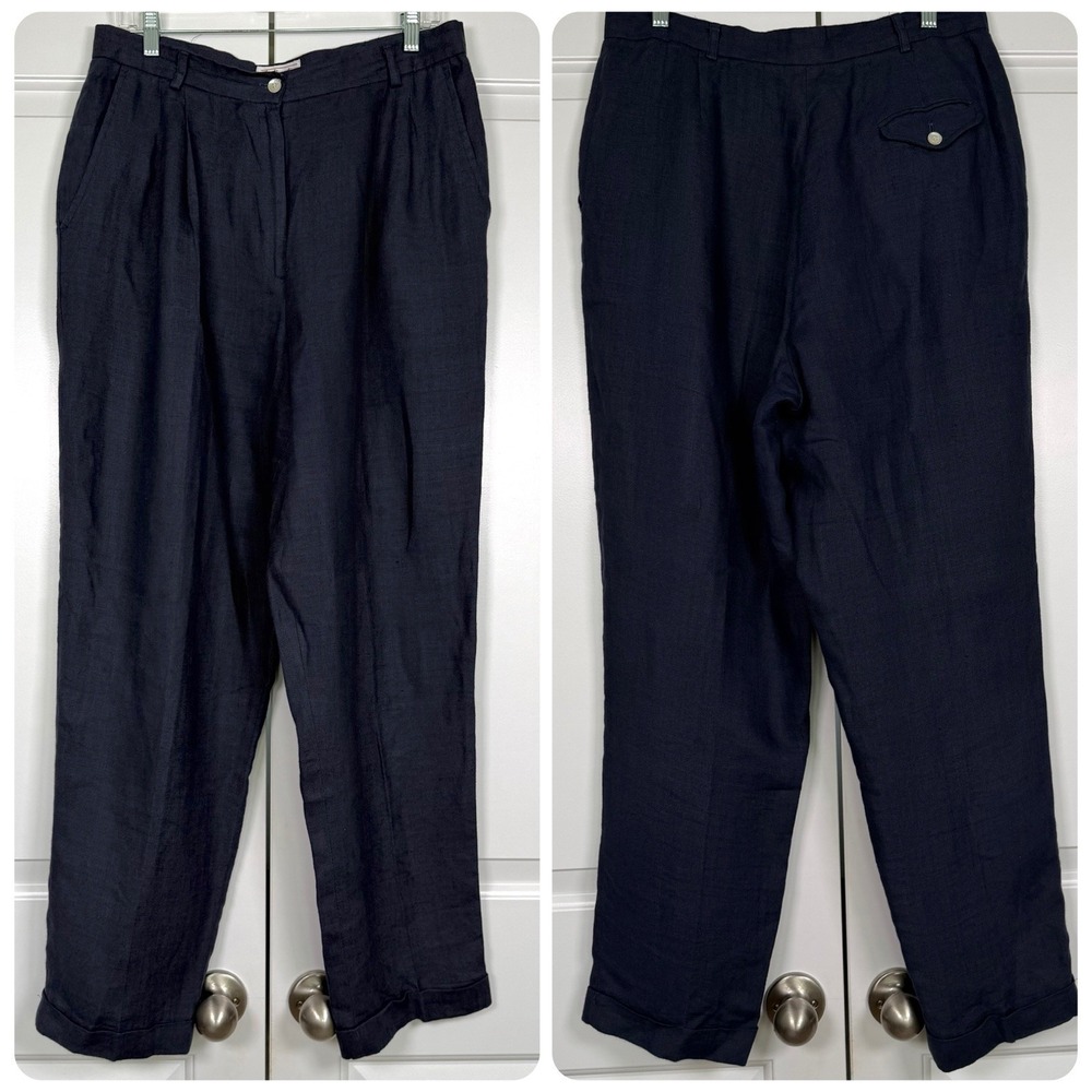 Talbots Linen Pants Sz 16 Navy Blue Straight Leg Pleated Preppy Church‎ Office